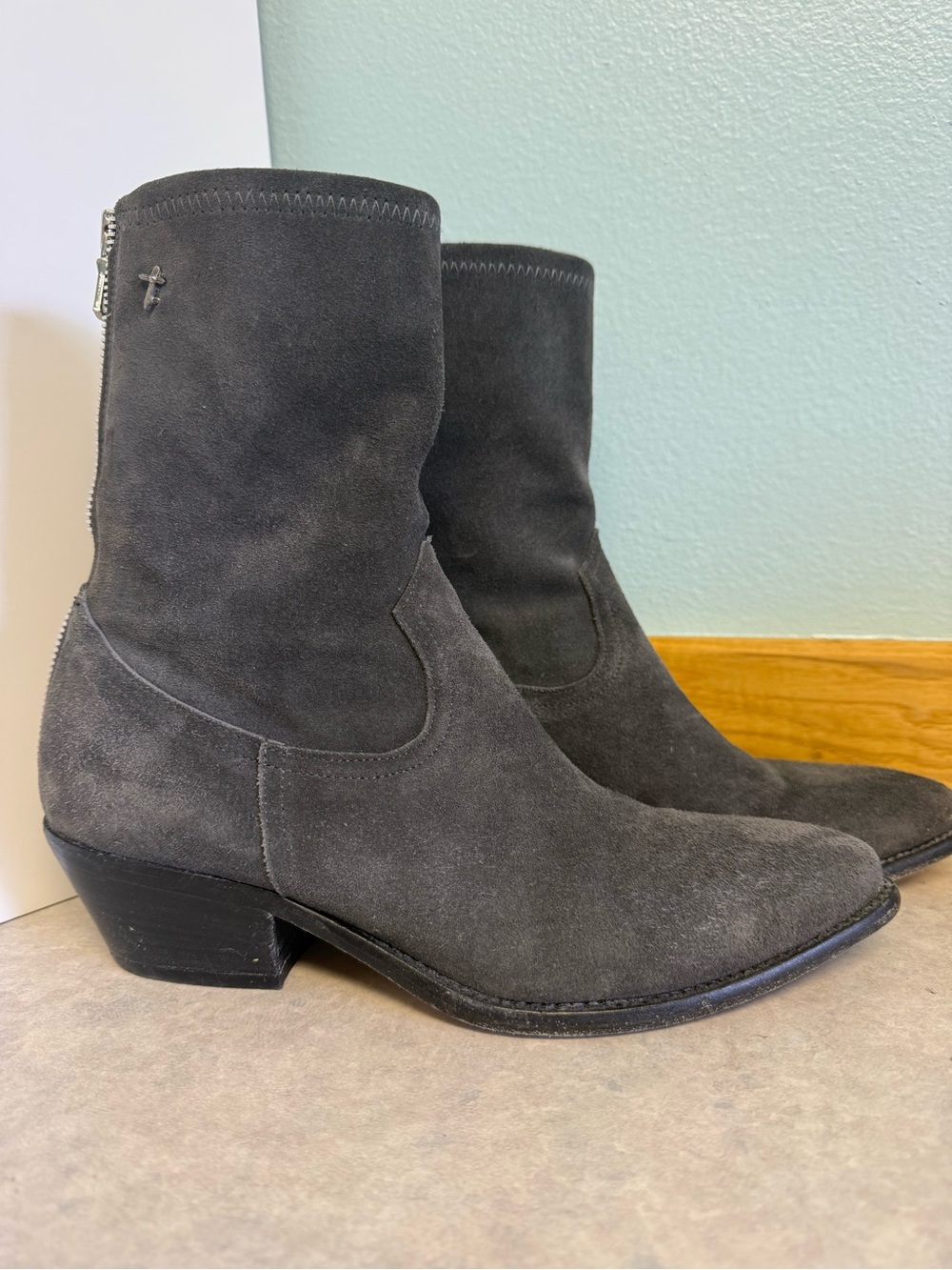 RtA Charcoal Gray Suede Italian Ankle Boots EU 38 US 8 Pointed Toe Zip
